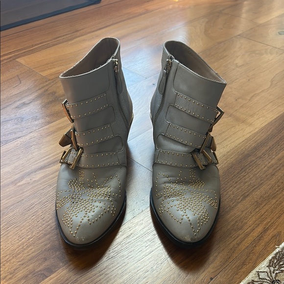 Chloe Taupe Ankle Boots with Gold Accents - Picture 1 of 11